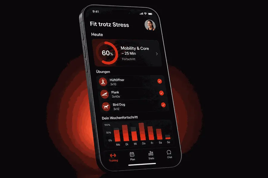 Fit trotz Stress – App Vorschau mit Trainingsplan und Wochenfortschritt